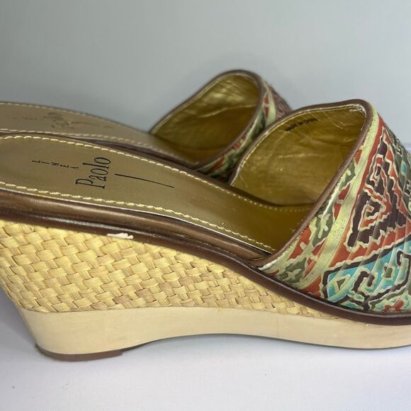 Linea Paolo Boho Southwestern Turquoise Slip On Wicker/Wood Wedge Sandal Size 10 - Picture 6 of 10